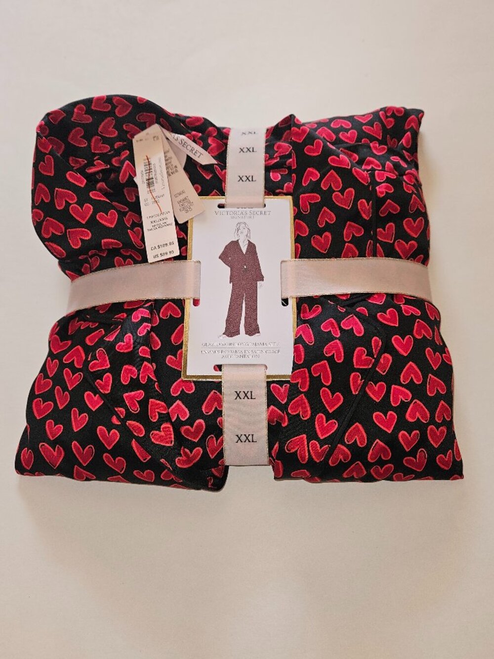 Victoria's Secret Glazed Satin Pajama Set siz XXL regular length red hearts NWT